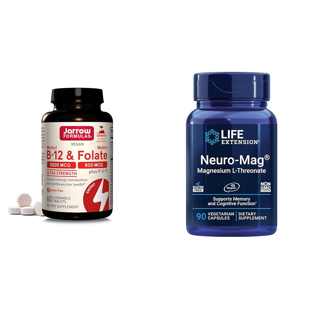 Formules Jarrow Ultra Strength Méthyl B-12 5000 mcg & Methyl Folate 800 mcg + P-5-P & Life Extension Neuro-mag Magnésium L-thréonate, Magnésium L-thréonate, Santé du cerveau, Mémoire et attention