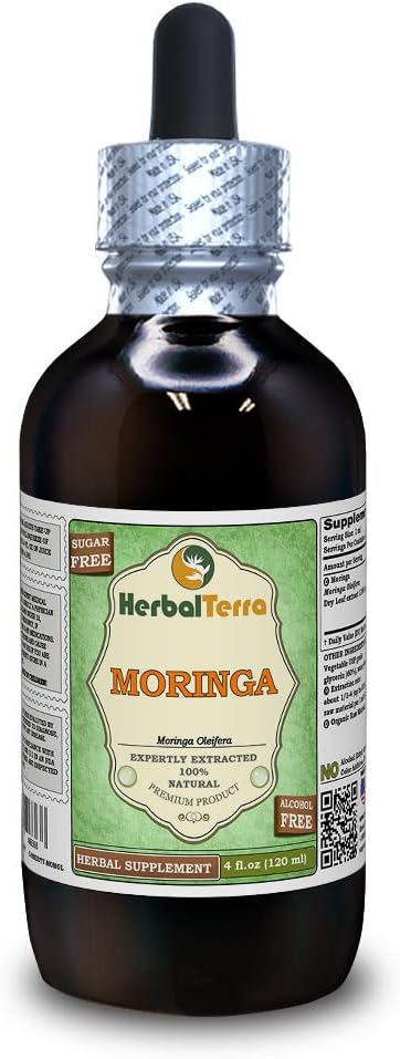 Moringa (Moringa Oleifera) Glycérite, poudre de feuilles séchées organiques Extrait liquide sans alcool (marque : HerbalTerra, fièrement fabriqué aux États-Unis) 4 fl.oz (120 ml)