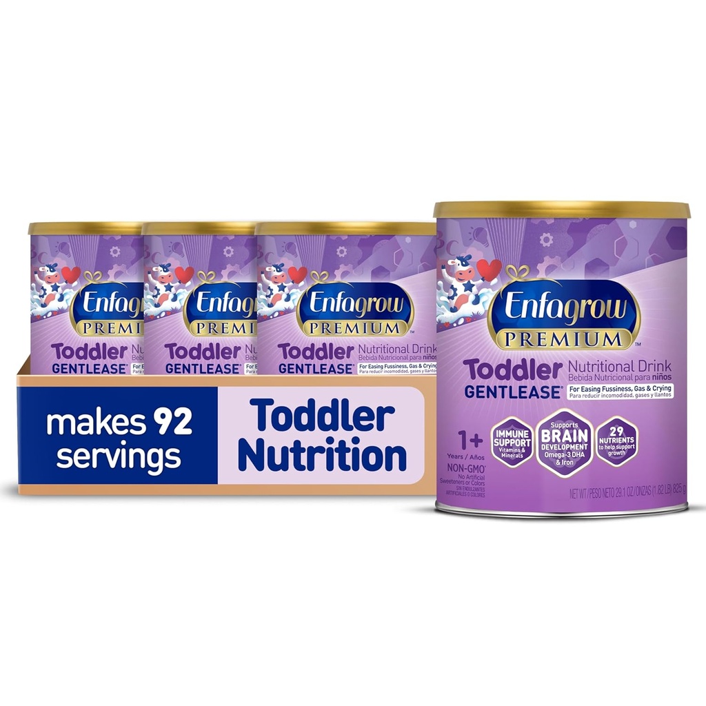 Enfagrow PREMIUM Gentlease Toddler boisson nutritionnelle, faite avec du lait réel, conçue pour soulager la fatigue, le gaz et les pleurs, nutriments pour la croissance et le soutien immunitaire, boîte de poudre, 29.1 Oz (paquet de 4)
