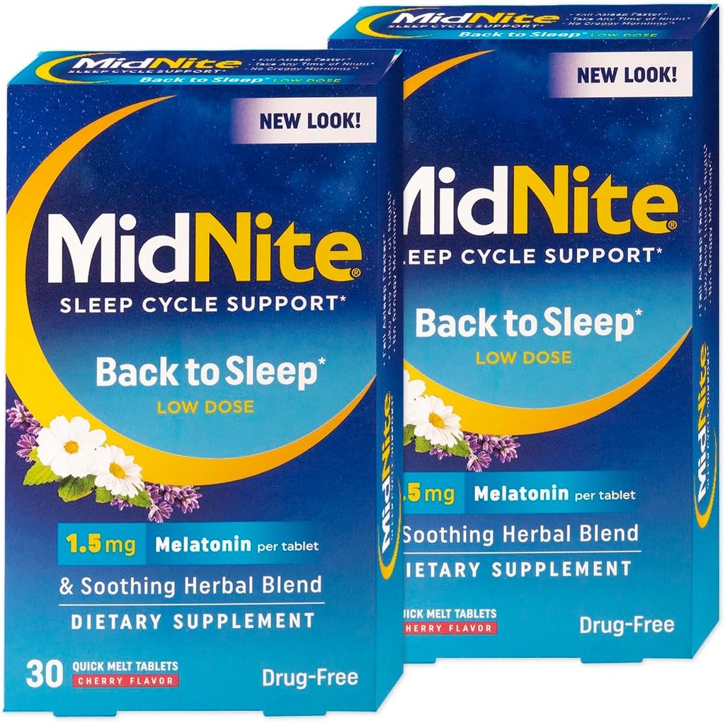 MidNite Retour au sommeil Faible dose, 1,5 mg Melatonine aide au sommeil, non-habitant formant, supplément alimentaire à base de plantes pour les adultes, sans médicament, sans gluten, sans lactose, végétarien, végétalien, 30 comprimés de fonte rapide 2 ct