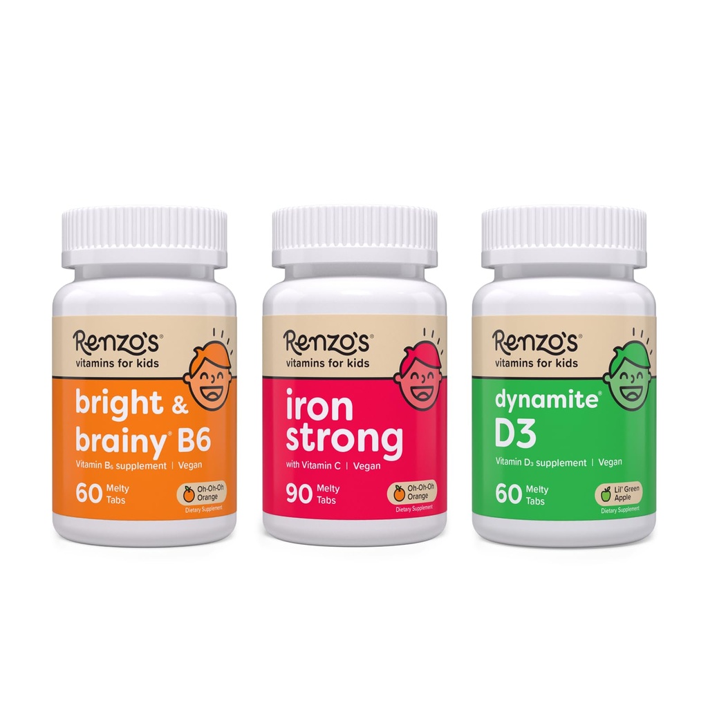 Renzo's Vitamines Mighty Kid Bundle - Suppléments en fer pour les enfants, Vitamine D3 pour les enfants, et Vitamine B6 Bright & Brainy