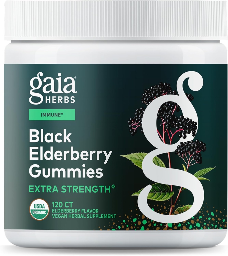 Gaia Herbs Black Elderberry (Sambucus nigra) Extra Strength Gummies - Delicious Immune Support Supplement* - Made with Certified Organic Black Elderberries for Immune System Support* - 120 Gummies