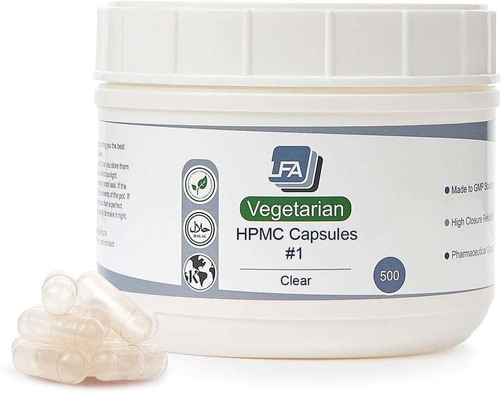 Capsules vides Taille 1 - Effacer Vegan HPMC - 500 Compte - Raccords Capsule Remplissage Machine Plateau - Caps Végétariens Joindus Easy Snap pour Bricolage Pilules de Supplément de Poudre - Halal Kosher Hypromellose