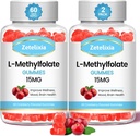 2 Pack L-méthylfolate 15mg et méthyl B12 Gummies, supplément de folate pour la santé du cerveau, l'humeur et l'immunité, synthèse et réparation de l'ADN, sans sucre, végétalien, goût de canneberge, 120 Compte