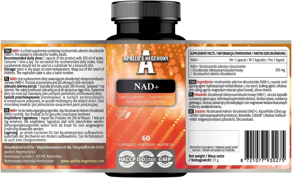 APOLLO'S HEGEMONY NAD+ 300 mg - Forme Coenzymatique de Vitamine B3-60 Capsules véganes - 2 mois d'approvisionnement - Supplément dinucléotidique de Nicotinamide Adenine