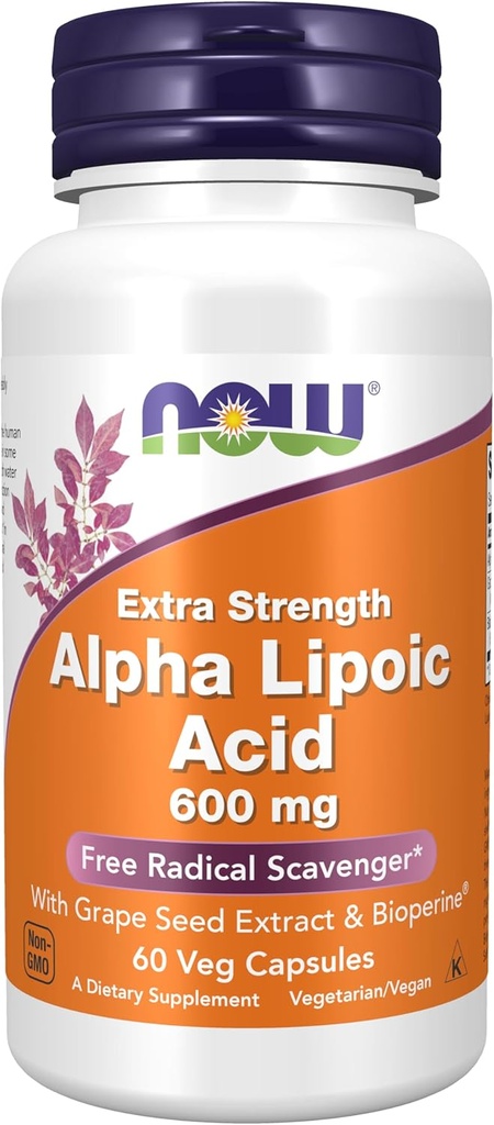 MAINTENANT Aliments suppléments, acide alpha lipoïque 600 mg avec extrait de graines de raisin et biopérine®, force supplémentaire, 60 Compte (paquet de 1)