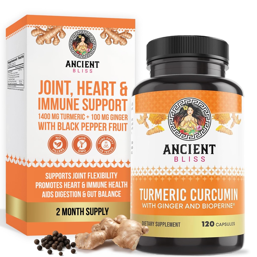 Curcumine curcumine avec gingembre et bioperine, curcumine curcumine curcuma avec poivre noir et poudre de racine de gingembre brut, supplément par Bliss antique (120 capsules)