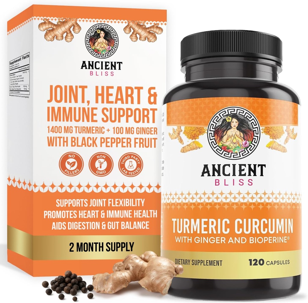 Turmeric Curcumin with Ginger & Bioperine, Turmeric Curcumin with Black Pepper & Raw Ginger Root Powder Capsule Supplement by Ancient Bliss (120 Capsules)