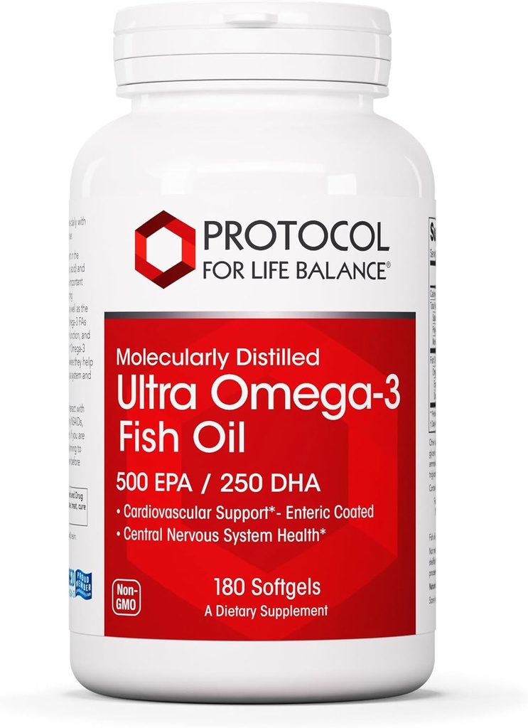 Protocole Ultra Omega-3-500mg EPA & 250mg DHA - Huile de poisson pour la santé du cerveau, du coeur et du système nerveux* - Supplément Omega DHA de l'EPA - Non-OGM et Halal - 180 Softgels