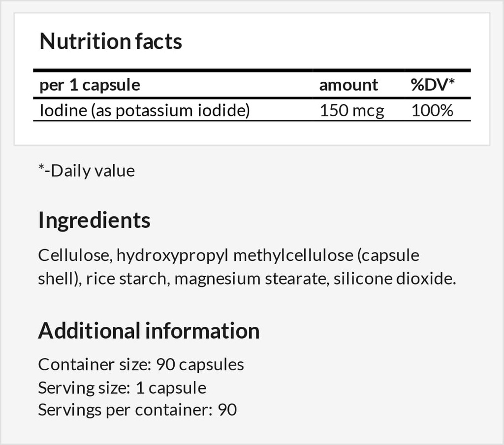 Iodide de potassium 150 mcg par gélule - 90 capsules véganes - 3 mois d'approvisionnement - pour la fonction optimale Gland et le métabolisme de l'énergie - complément alimentaire par l'hégémonie d'Apollon