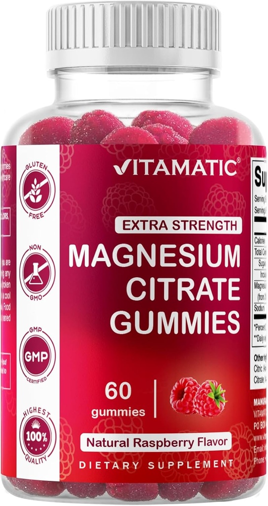Vitamatic Extra Strength Magnésium Gommies – 255 mg de magnésium élémentaire par portion – 60 Gommies (2-Pack) soutient la relaxation, la fonction musculaire, la santé osseuse et l'énergie – végétalien, non-OGM, sans gluten