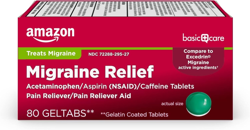 Amazon Basic Care Migraine Relief Geltabs to Alleviate Migraine Symptoms, Acetaminophen, Aspirin (NSAID) and Caffeine, 80 Count