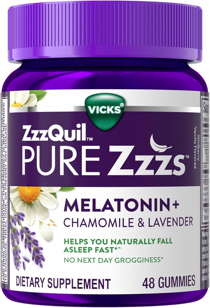 ZzzQuil Pure Zzzs Melatonin Gummies, Sleep Aid, Melatonin 2mg, with Chamomile & Lavender, Melatonin Sleep Gummies, Sleep Aids for Adults, Wildberry Vanilla Flavored, 48 Sleep Gummies