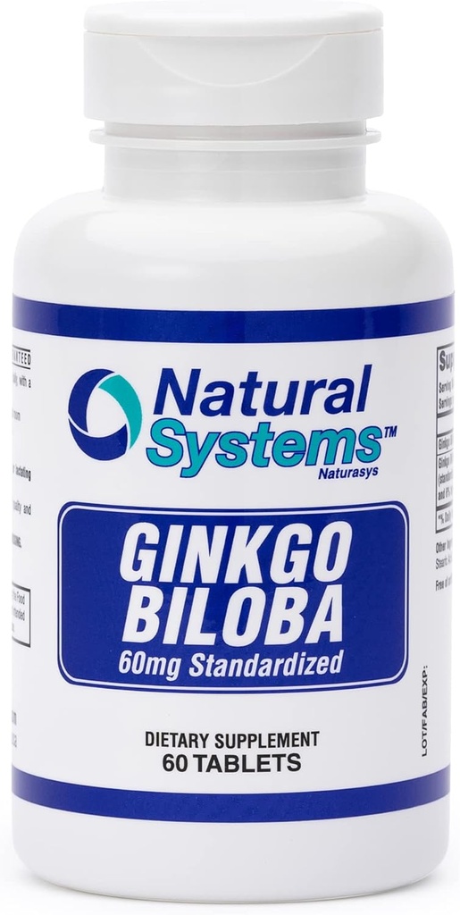 Ginkgo Biloba 60 mg par systèmes naturels 60 comprimés - Supplément en poudre de Gingko Biloba Cerveau - Suppléments de concentration de Ginkgo Biloba - Vitamines de mémoire pour les hommes et les femmes - Suppléments d'énergie boost