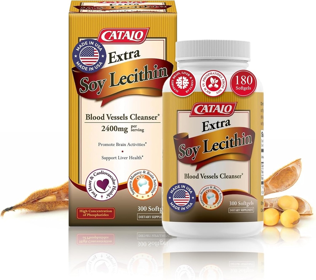 CATALO Capsules extra lécithine de soja – Santé des vaisseaux sanguins, fonction cérébrale et bien-être du foie – supplément de lécithine de soja pour adultes, 300 softgels