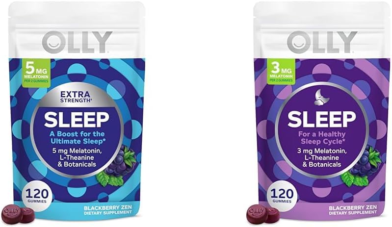 OLLY Extra Strength (5mg) & Regular Strength (3mg) Mélatonine Sleep Gummies avec L-Theanine, 120 Comte BlackBerry Flavor