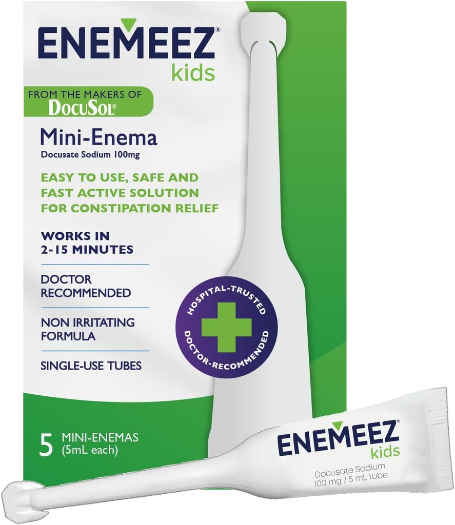 DocuSol Enemeez Lavement pour enfants - Relief de constipation pour les enfants, Docusate Sodium Tabouret assoupli, à action rapide, 5 tubes jetables à usage unique