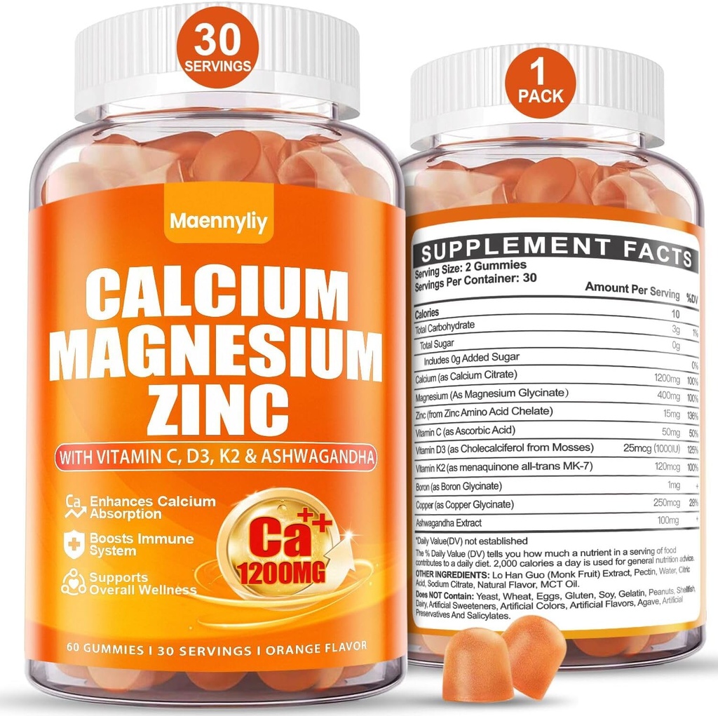 Calcium 1200 mg avec vitamine D3 Gummies pour adultes - Citrate de calcium avec vitamine D3 K2, Magnésium, zinc, boron, cuivre et ashwagandha - Supplément de calcium extra absorption pour femmes hommes