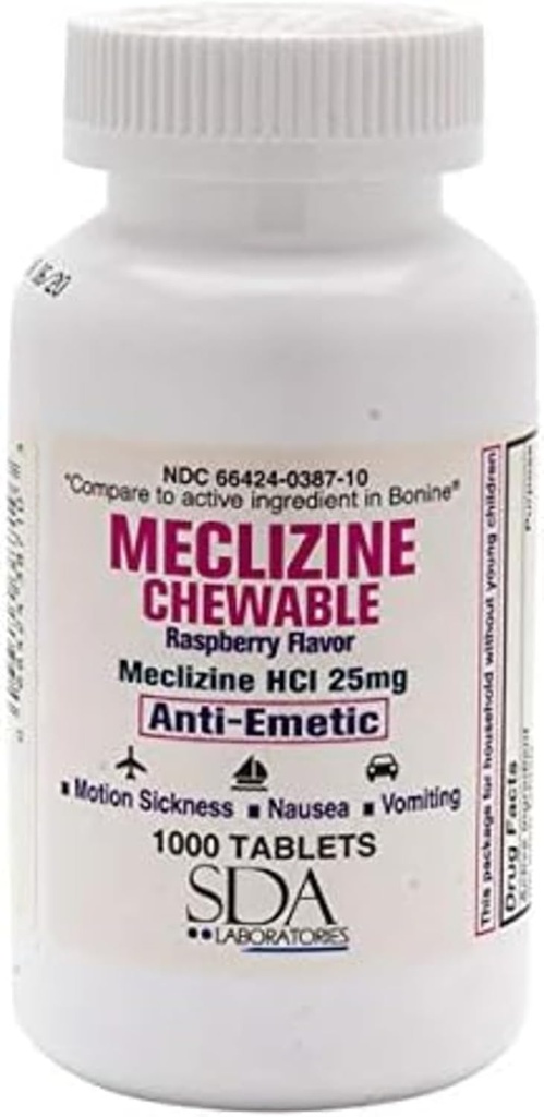 LABORATOIRES DE SDA Meclizine Comprimés à croquer, 25mg, anti-émétique, framboise, maladie du mouvement et soulagement du vertige pour les nausées, les étourdissements et les vomissements, 1000 Nombre (1 paquet)