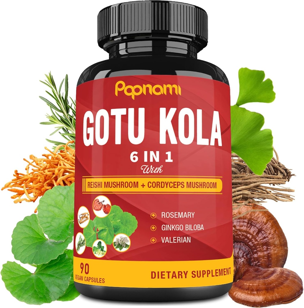 Capsules d'extrait Gotu Kola bio avec Reishi, Cordyceps, Rosemary, Gingko Biloba et racine valériane - 90 Compte pendant 3 mois - Soutienne le cerveau, l'immunité, la peau et la santé cardiaque