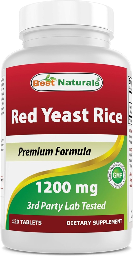 Meilleurs produits naturels Riz de levure rouge 1200 mg (non-OGM) 120 comprimés - non irradiés, sans citrine