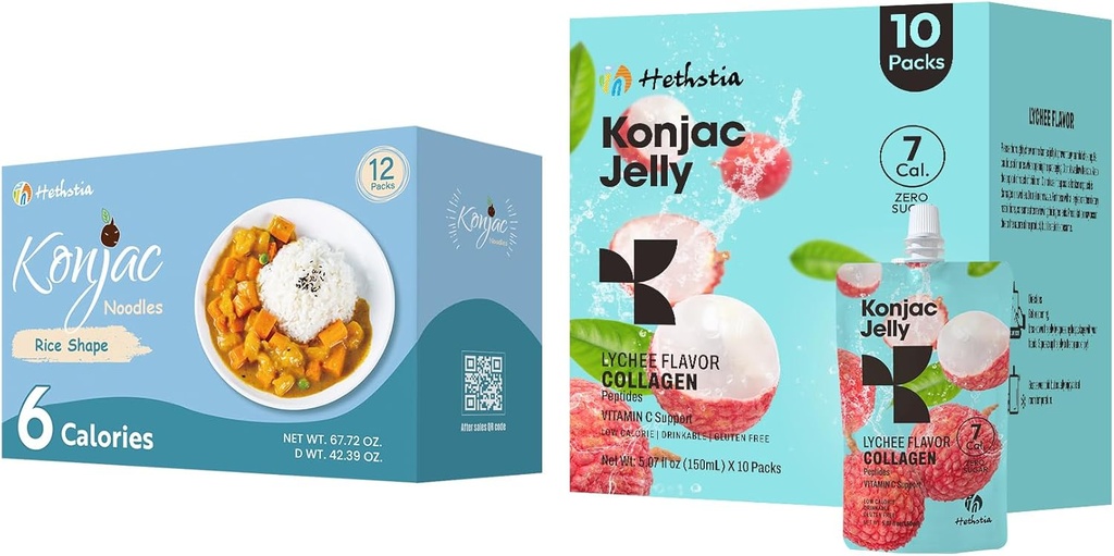 Hethstia Konjac Jelly Lychee Flavor avec Collagen Peptides 10 Packs et Konjac Rice sans gluten 12 Packs faible en calories, kéto, sans sucre, aliments sains