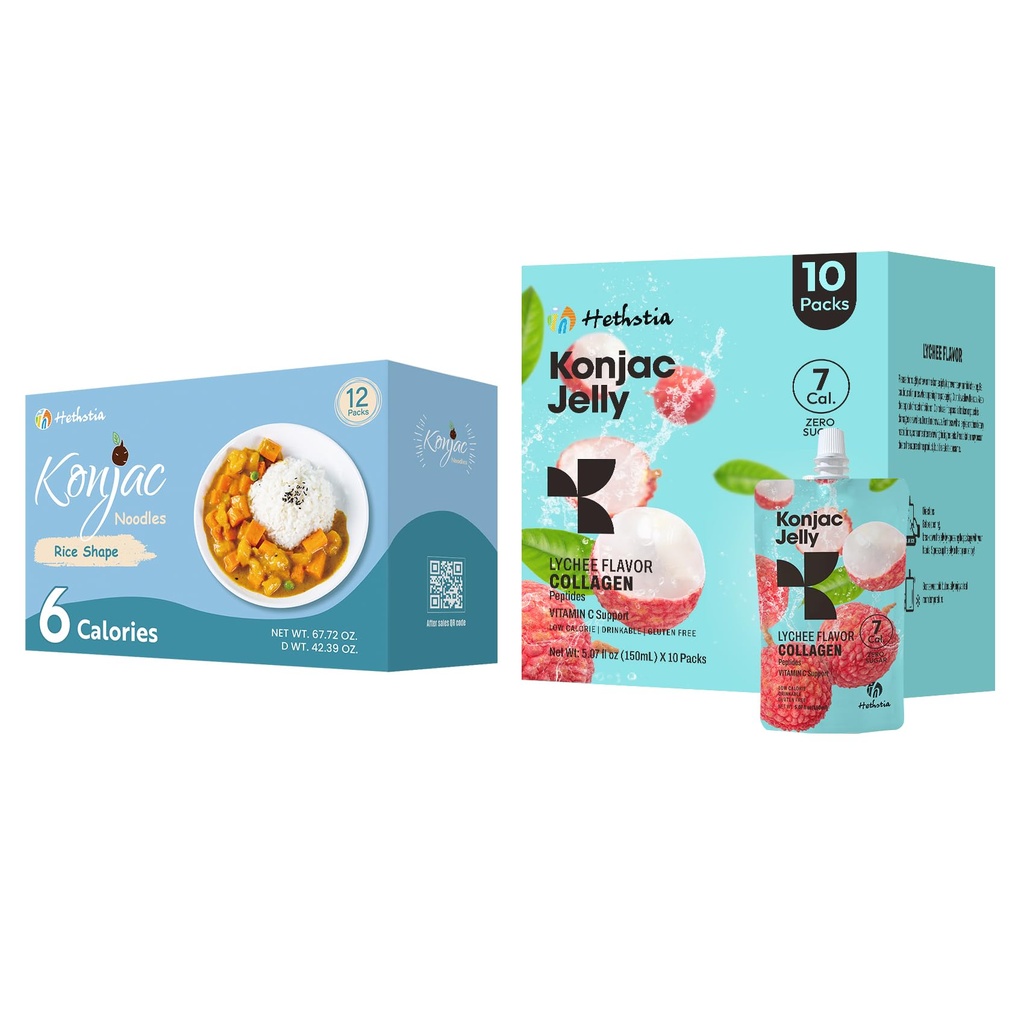 Hethstia Konjac Jelly Lychee Flavor avec Collagen Peptides 10 Packs et Konjac Rice sans gluten 12 Packs faible en calories, kéto, sans sucre, aliments sains