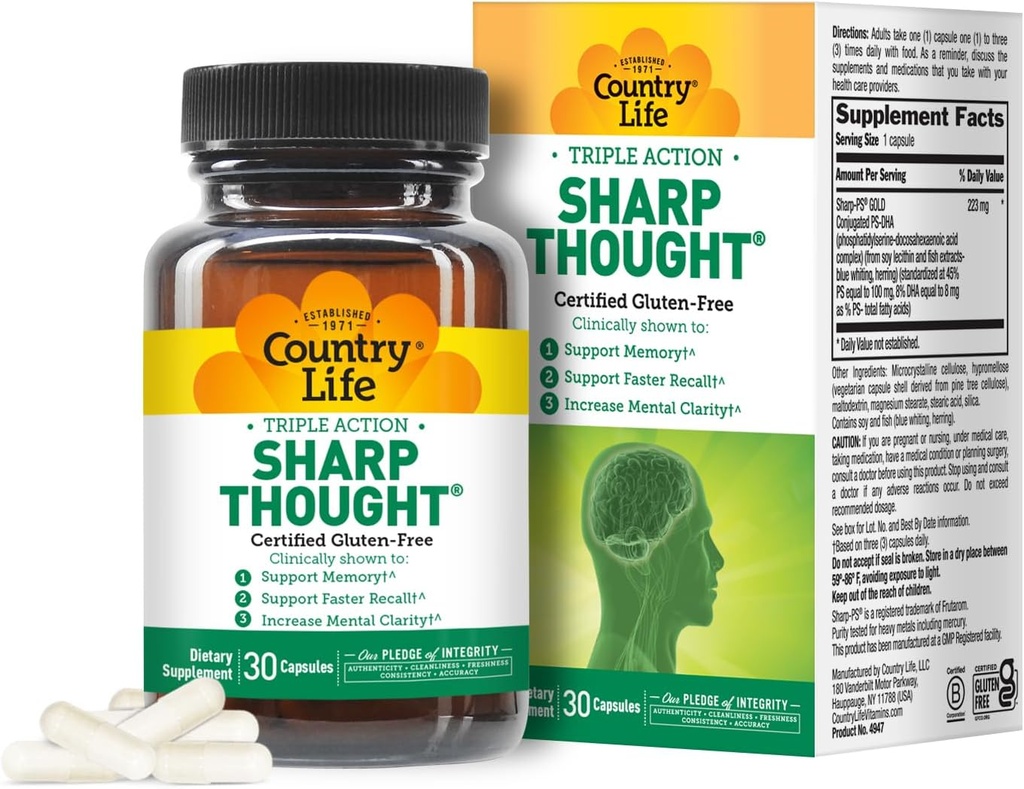 Country Life Sharp Thought - Supplément mémoire et soutien cognitif – Sharp-PS Gold Phosphatidylsérine + DHA – favorise la clarté mentale et un rappel plus rapide – sans gluten, 30 capsules