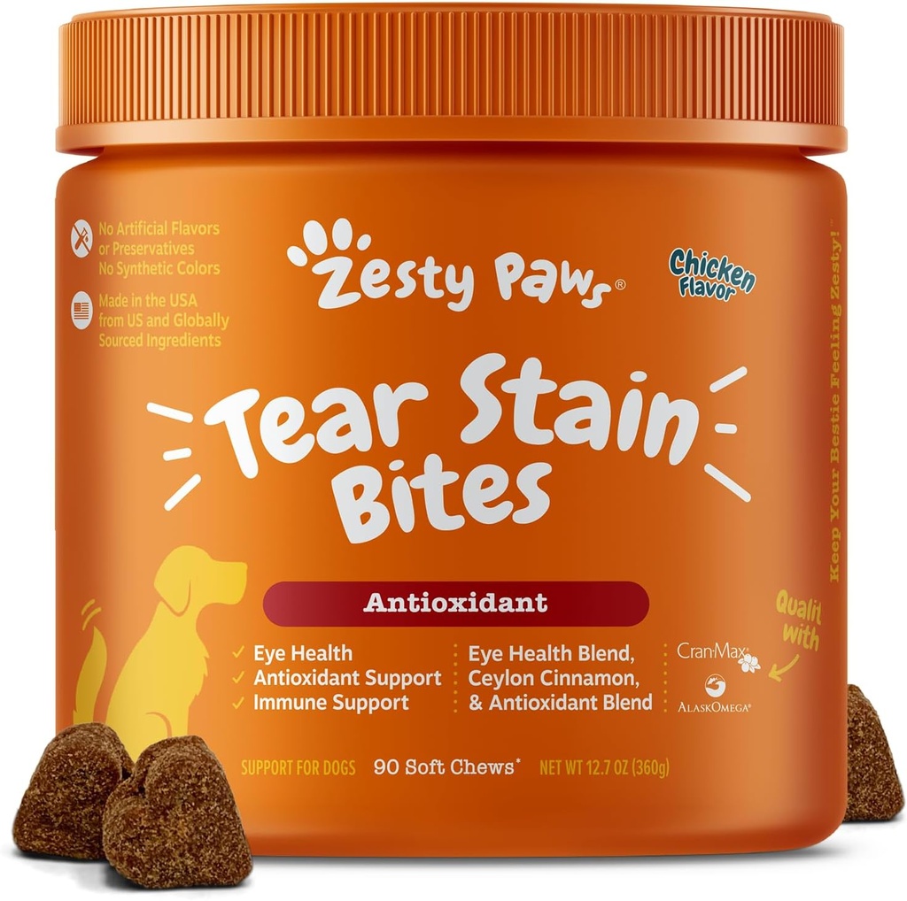 Zesty Paws Tear Stain Support Soft Chews for Dogs - for Eye Moisture + Vision & Immune Support - Functional Supplements with Fish Oil, Lutein, Cranberry & Vitamin C - Chicken Flavor - 90 ct