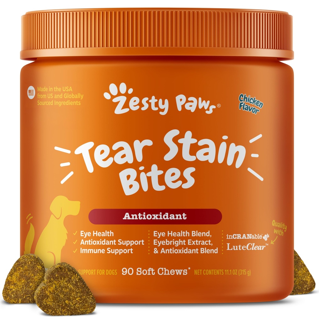 Zesty Paws Tear Stain Support Soft Chews pour chiens - pour l'humidité des yeux + Vision et Immune Support - Suppléments fonctionnels avec huile de poisson, lutéine, canneberge et vitamine C - Arôme de poulet - 90 ct