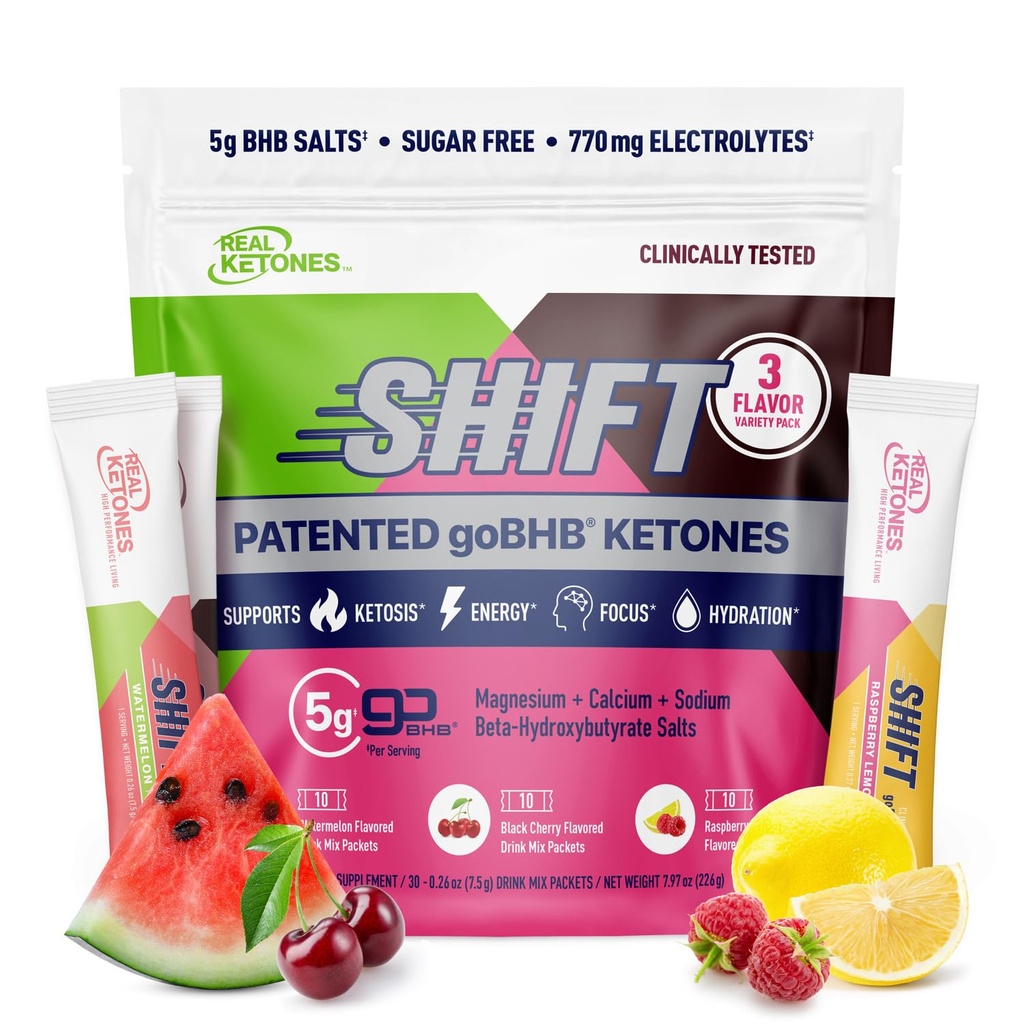 Cétones réelles BHB Cétones exogènes Buvez des paquets de mélanges d'électrolytes de kéto Poudrage Packets Pas de sucre avec 4 électrolytes à jeun principal Plus Hydratant breveté Keto BHB - 30 Count Variety Pack