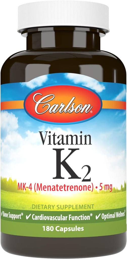 Carlson - Vitamine K2 MK-4 (Menatétrenone), 5 mg, supplément de vitamine K, soutien osseux, vitamine K2, sans soja, vitamine K-2, 180 capsules