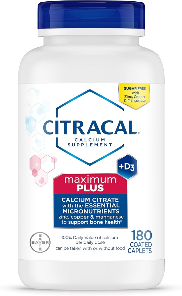 Citracal Maximum Plus, 650 mg Calcium Citrate, easily absorbed and highly soluble with 25 mcg (1000 IU) Vitamin D3, Bone Health Support, Calcium Supplement for Ages 12+, 180 Count (Packaging May Vary)