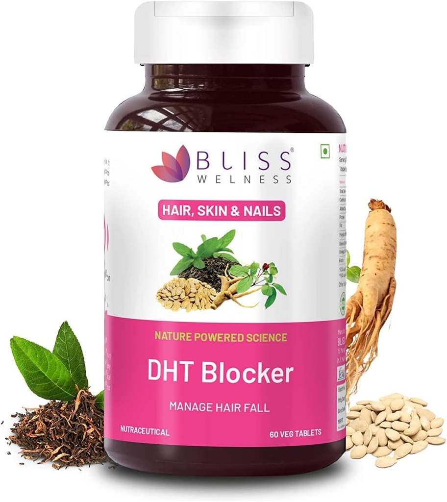 Sheltr DHT Blocker avec biotine, graines de citrouille, extrait de thé vert, Omega 3, extrait de ginseng, vitamine C, E, B6, aide à réduire la chute des cheveux, stimule le supplément de croissance des cheveux pour les hommes et les femmes - 60 comprimés