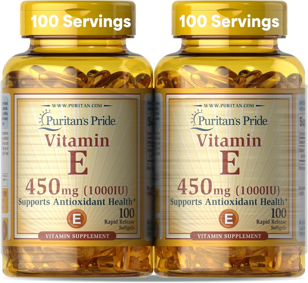 Puritan's Pride Vitamine E-450mg (10 000 UI), supplément de vitamine pour la fonction du système immunitaire et le soutien de santé antioxydant, 100 softgels à libération rapide, 2 Pack