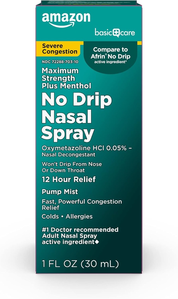 Amazon Basic Care No Drip Severe 12 Hour Nasal Decongestant Pump Mist, Steroid Free, Maximum Strength Plus Menthol 1 fl oz (Pack of 1)