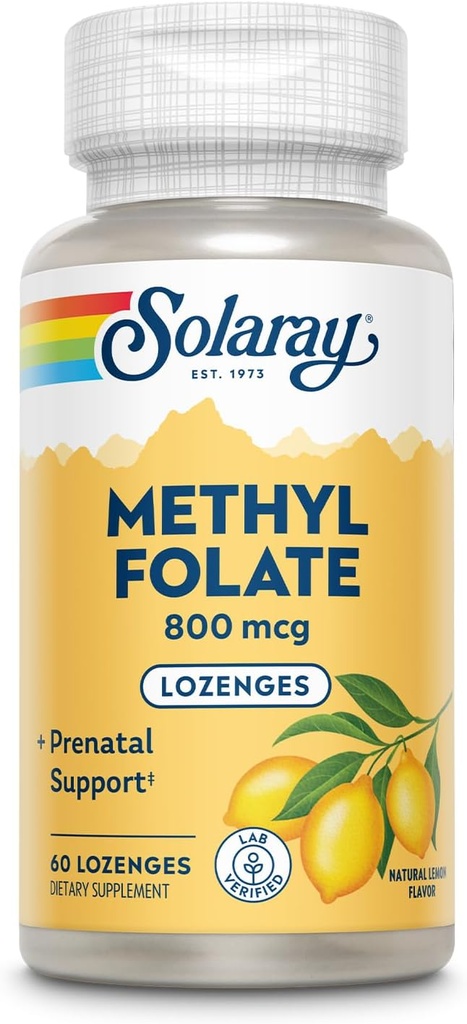 SOLARAY Folate de méthyle 800 mcg - 470 mcg Acide folique - Vitamines prénatales 5-MTHF - Saveur de citron naturel - Adoucisseurs naturels - Vérifié en laboratoire - Garantie de 60 jours - 60 portions, 60 losanges