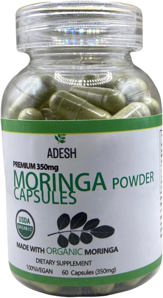 Adesh Moringa Poudre Capsules de Recette Premium Moringa Feuille Supplément de 60ct, 350mg de Superaliment naturel pour l'énergie, le métabolisme et l'immunisme Support de Vegan, Supergreen Capsules nutritionnelles