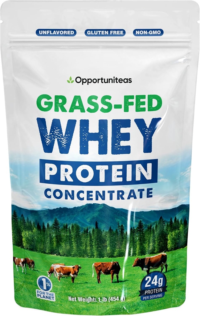 Opportuniteas Grass Fed Whey Protein Powder Concentrate - 1 Ingredient - Pure Protein Supplement for Drink, Smoothie, Shake, Cooking & Baking - Non GMO, Hormone Free & Gluten Free - 1 Pound