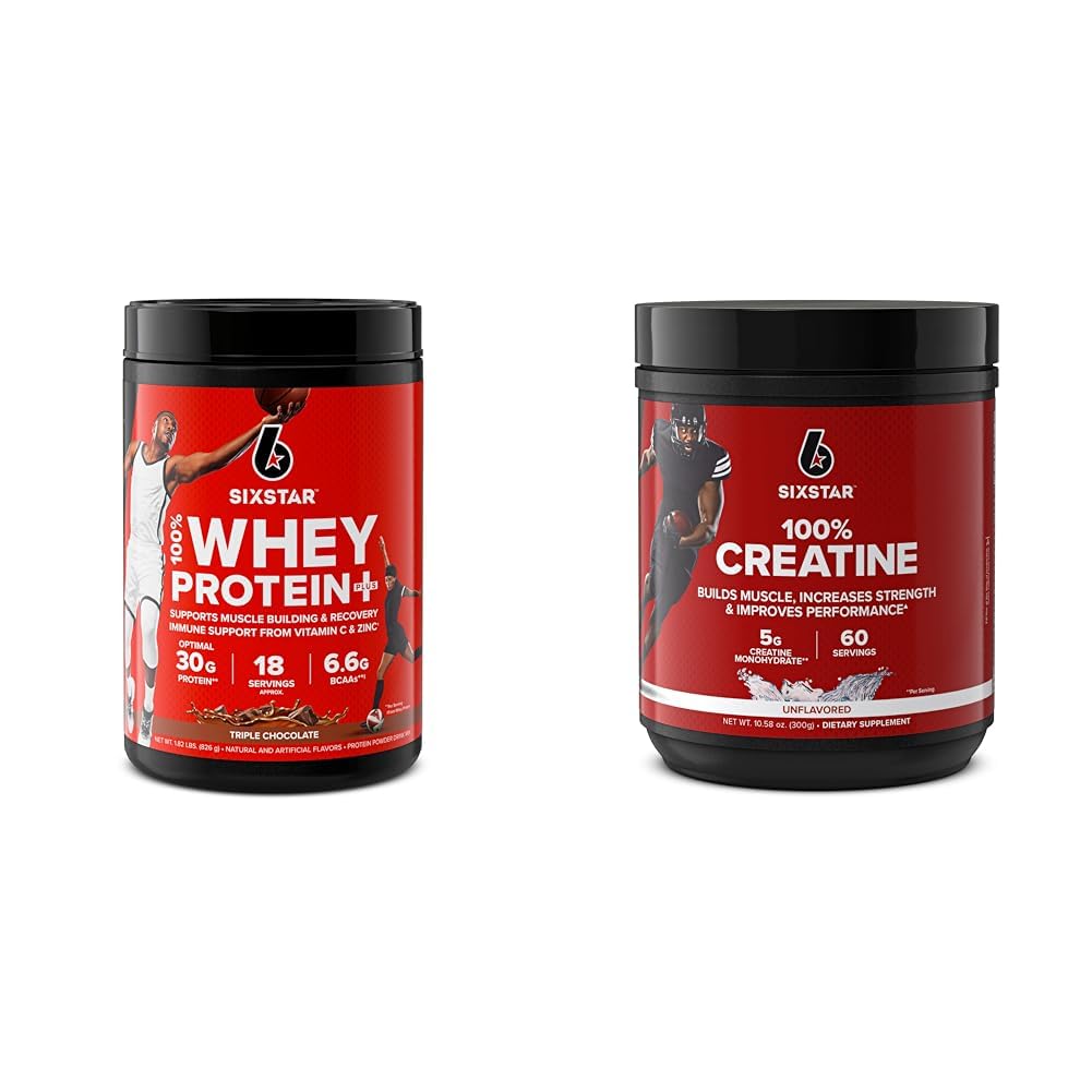 Six Star Elite Series 100% Whey Protein Plus Triple Chocolate 1.8lbs and 100% Creatine Monohydrate Powder Unflavored 60 Servings