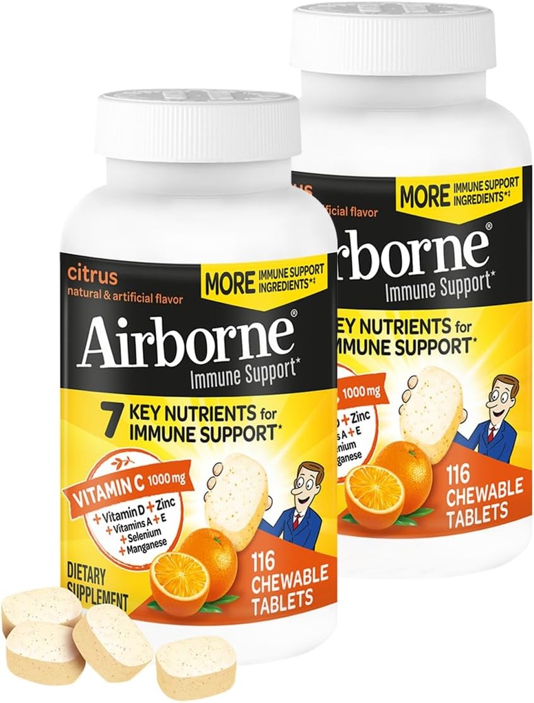 Airborne 1000mg Vitamine C + supplément de soutien immunitaire de zinc Comprimés à croquer, Arôme d'agrumes avec des antioxydants puissants Vitamines A C & E, 116 Comprimés à croquer (2 Pack)