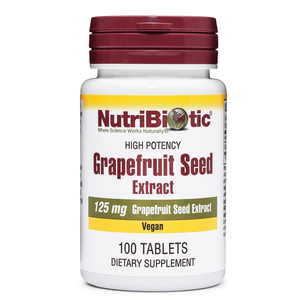 NutriBiotique – Comprimés d'extraits de graines de pamplemousse 125mg, 100Comparaison=GSE de qualité supérieure avec bioflavonoïdes=Potent Immune & Global Health Support= Facile à avaler= Vegan, sans gluten, non-OGM