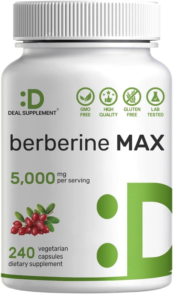 SUPPLÉMENT DE DÉAL Supplément Berberine Max avec curcuma, 5 000mg par portion, 240 Capsules de Veggie – 97% HCl Berberine Pur – 20:1 Extrait de racine curcuma – Végétarien amical, non-OGM