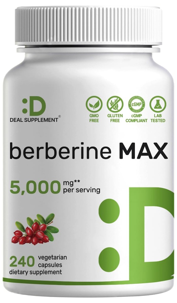 SUPPLÉMENT DE DÉAL Supplément Berberine Max avec curcuma, 5 000mg par portion, 240 Capsules de Veggie – 97% HCl Berberine Pur – 20:1 Extrait de racine curcuma – Végétarien amical, non-OGM
