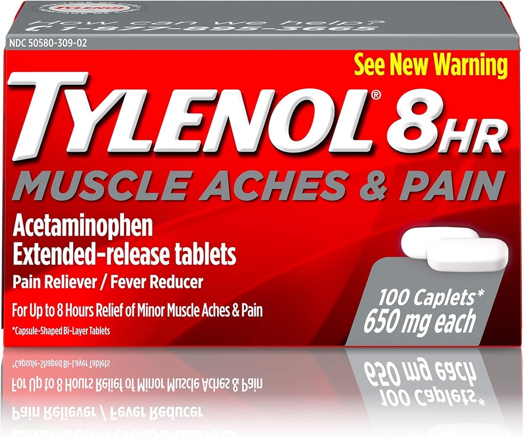 Tylenol 8 heures Douleurs musculaires et acétaminophène Comprimés pour douleurs musculaires et articulaires, 100 ct