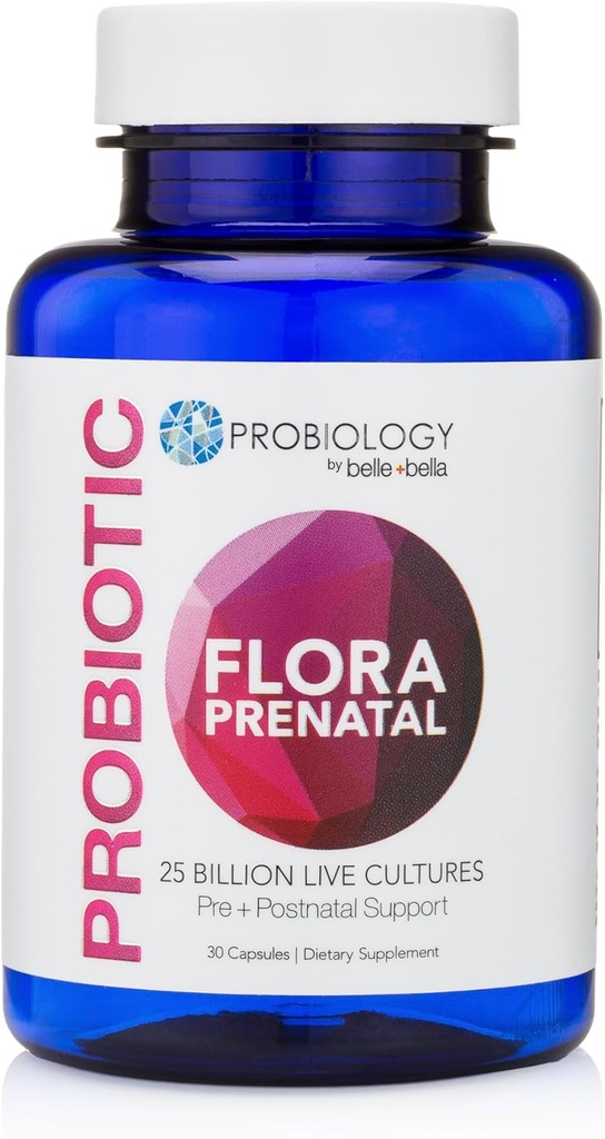 belle+bella Probiology Flora Capsules prénatales - Supplément probiotique et prébiotique double action avec acide folique pour les femmes prénatales et postnatales - Sans OGM, végétalien et sans gluten - 30 capsules
