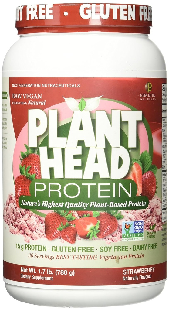 Genceutic Naturals Plant Head Protein naturellement aromatisé Meilleur Dégustation Fraise Végétarienne crue Protéine Végétarienne Complément alimentaire Gluten Soy Dairy OGM Sans – 30 portions (1,8 livres)