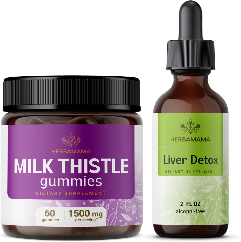 HerbAMAMA Kit complexe de soutien du chardon et du foie - lot de chardon de lait Gummies et complexe liquide de détox de foie 4 fl oz - végétalien, non-OGM, sans alcool - 2 paquets