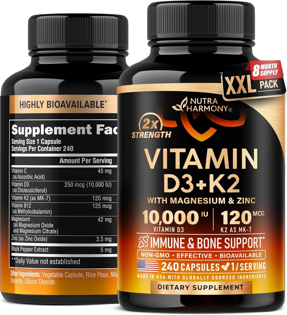 Vitamine D3 K2 - Vitamine D3 10000 iu & K2 comme MK-7 120 mcg - Immune & Mood Support, pour la santé des os et des dents - avec Magnésium, Zinc & Vitamine C & B12 - Très Biodisponible - Fabriqué aux États-Unis, 240 Capsules