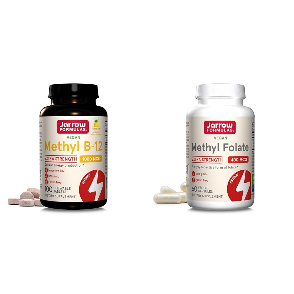 Jarrow Methyl B-12 1000mcg 100 Chewables & Methyl Folate 400mcg 60 Capsules de légumes pour l'énergie cellulaire, le cerveau, la santé cardiovasculaire et neurologique